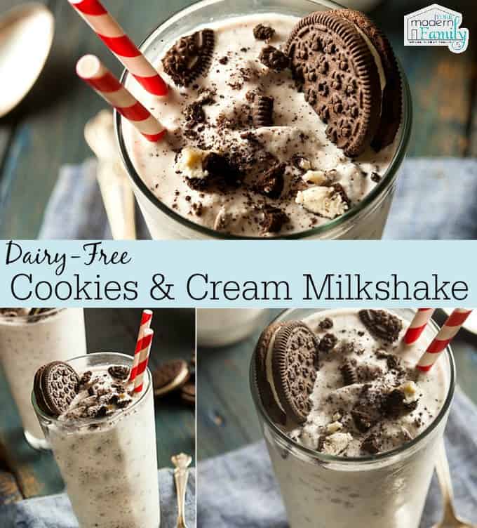 A collage of three glasses filled with Cookies and Cream Milkshake with text between them.