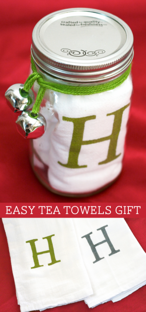 A glass jar with a tea towel placed inside and gift wrapped with text below.