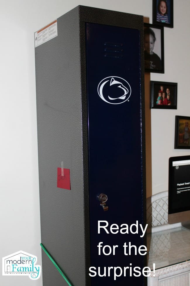 A close up of a locker with a decal on it.