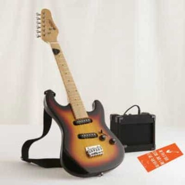 A close up of a guitar and speaker.