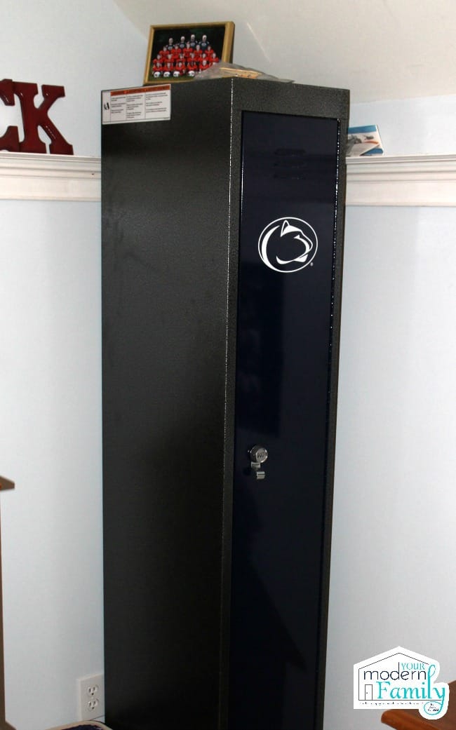A view of a sports locker with a decal on it.