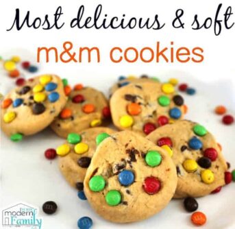 M&M cookies with text above them.