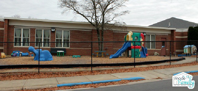 An outdoor view of a school playground.
