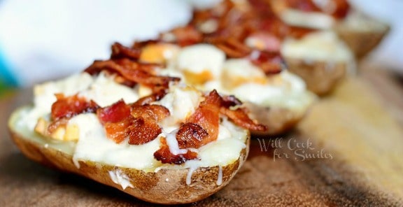 A close up of Chicken Bacon Ranch Loaded Potato Skins.
