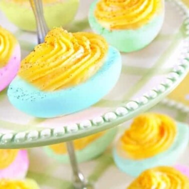 A tiered tray of deviled eggs.