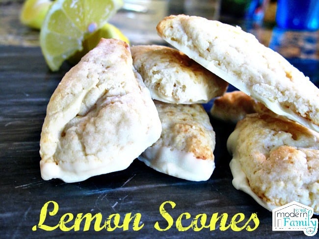 A plate of Lemon Scones on a wooden table.