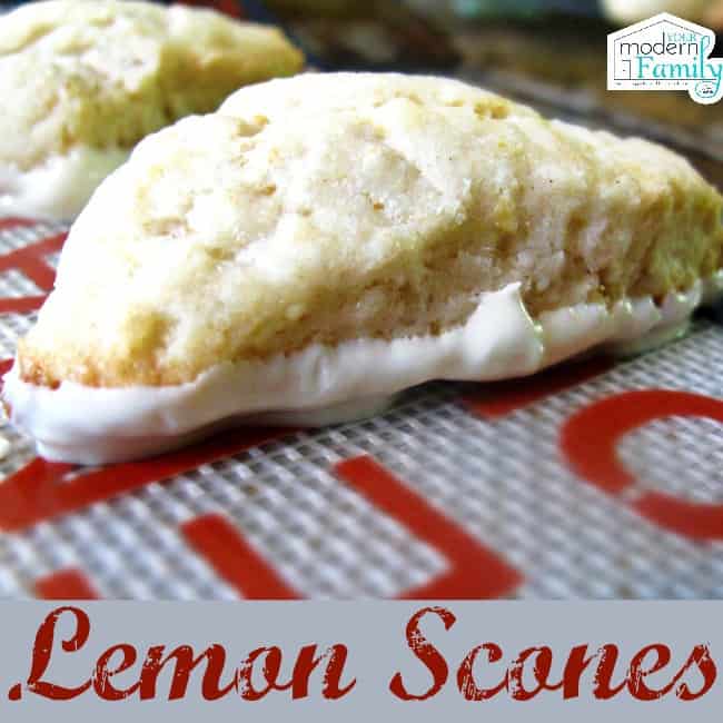 A close up of Lemon Scones dipped in white chocolate.