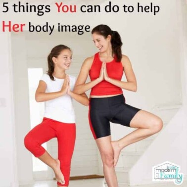 A woman and a child doing yoga with text above them.