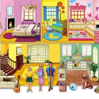 A felt storyboard of rooms in a house.