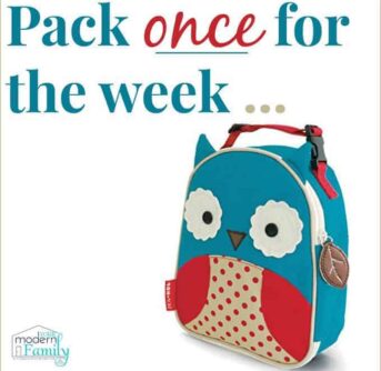 An owl themed lunch box with text above it.