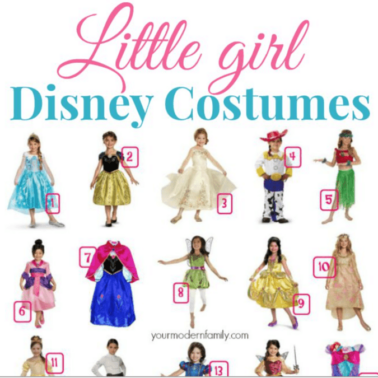 Numerous girls dressed in Disney Costumes with text above them.