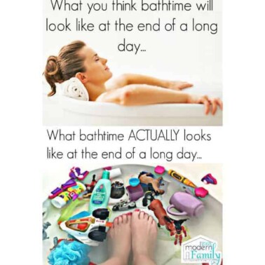 A woman relaxing in a tub with text above her and a picture of a woman's feet in a tub filled with children's toys with text above it.