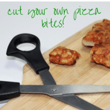 A pair of scissors sitting on top of a wooden cutting board with cut pieces of pizza beside it and text above it.