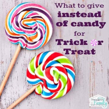 Two large lollipops with text above them.