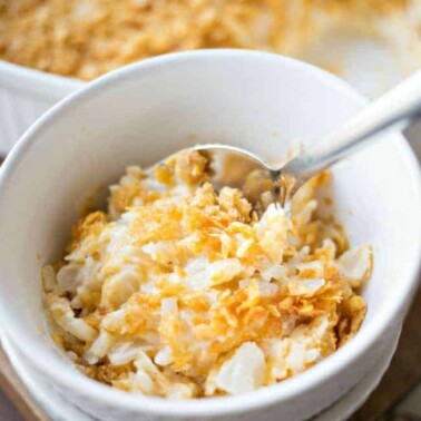 A bowl of Hashbrown Casserole.