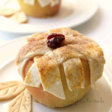 A homemade apple pie in an apple sitting on a plate.
