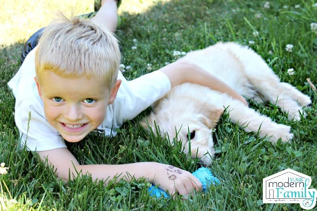 A little boy  lying down in the grass with a dog lying next to him.