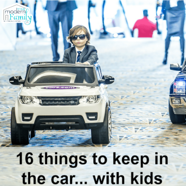 A little boy in sunglasses driving a kid's motorized car with text below him.