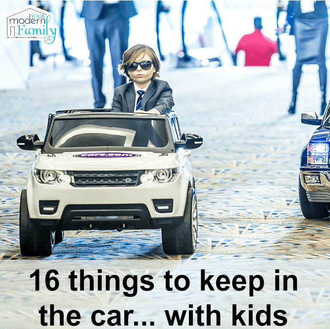 A little boy in sunglasses driving a kid\'s motorized car with text below him.