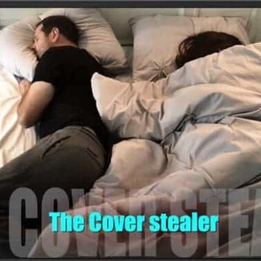 Two people lying in bed, one person covered up and one with out covers with text below them.