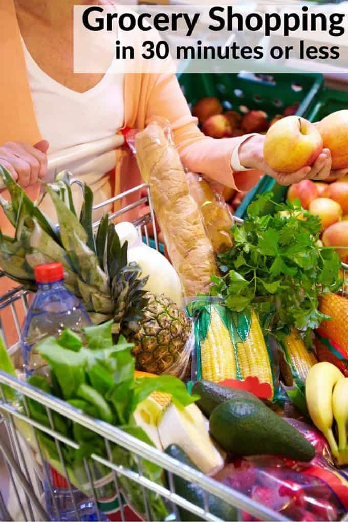 A close up of many different vegetables and food in a shopping cart with text above it.
