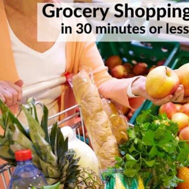 A close up of many different vegetables and food in a shopping cart with text above it.
