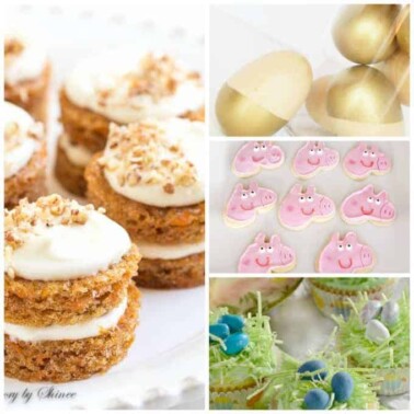 A variety of Easter baked goods with golden eggs.