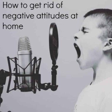 A close up of a boy yelling into an old fashion microphone with text above him.