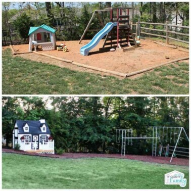 Two pictures of a back yard play area with swing set and playhouse.