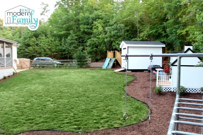 A view of a swing set with a white storage shed in the background.