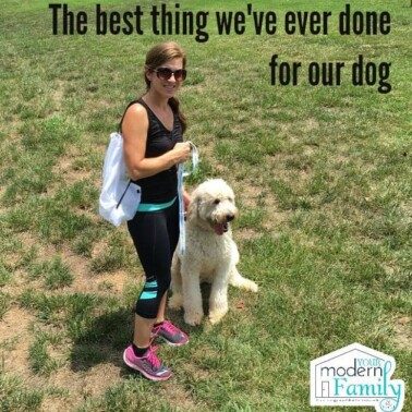 A woman standing beside a dog with text above them.