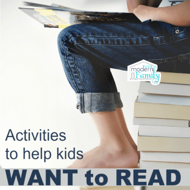 A child sitting on a stack of books reading with text below.