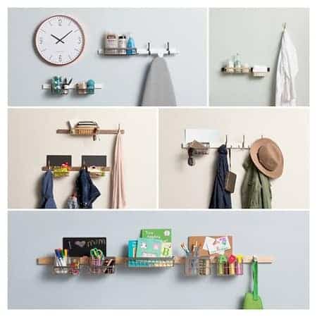 A collage of five pictures of items hanging on a wall.