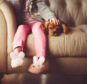 A little girl sitting on a couch with a small dog lying beside her.