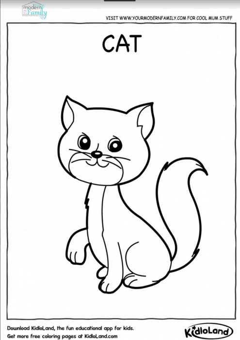 A coloring page of a cat from Kidioland.