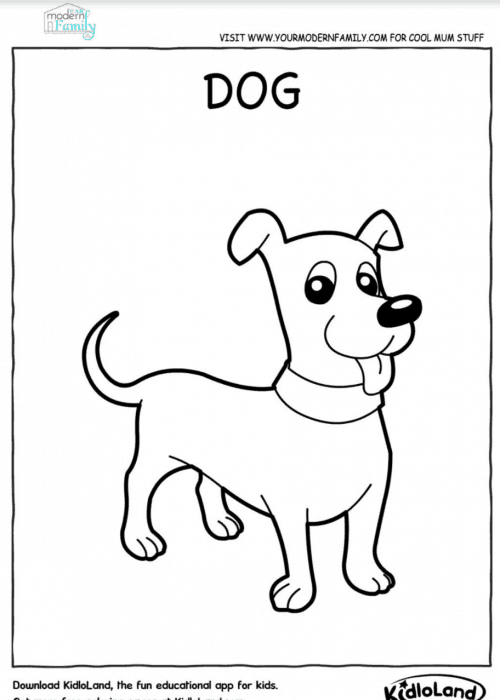 A printable coloring sheet of a dog from Kidioland.