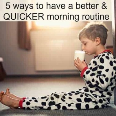 A little boy sitting on the floor in his pajamas drinking a glass of milk with text above him.