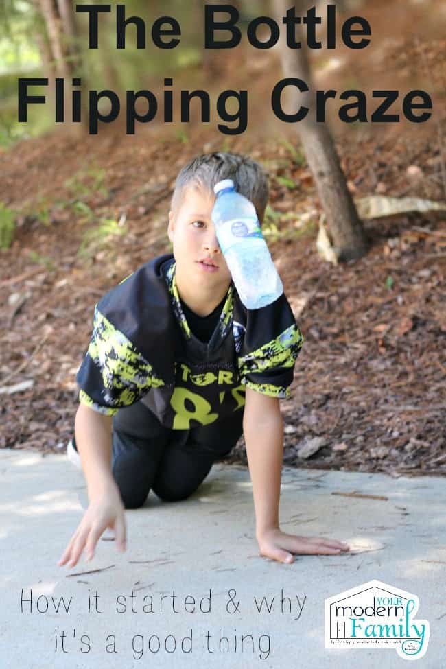 A boy kneeling on the driveway flipping a bottle of water with text above him.