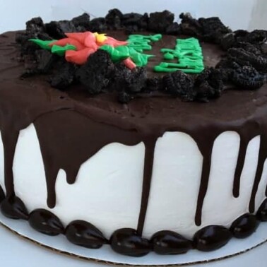 A large chocolate cake sitting on top of a table.