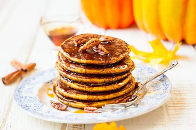 Spiced Pumpkin pancakes with maple syrup and pecan