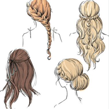 A close up of drawings of ladies hair styles.