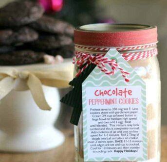 A decorated jar of Chocolate Peppermint Cookie Mix.