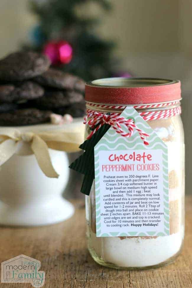 A decorated jar of Chocolate Peppermint Cookie Mix.