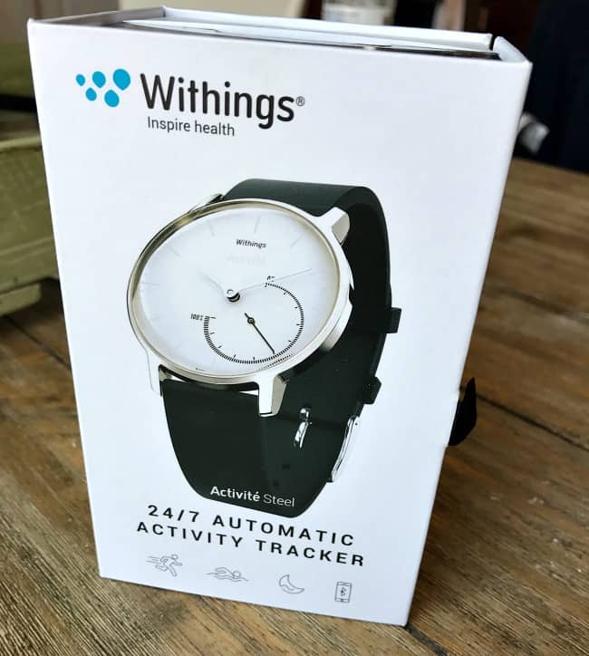 A close up of a box with a Withings fitness watch.
