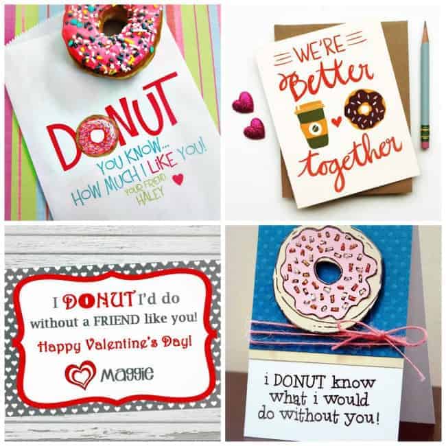 A close up of donut themed Valentine cards.
