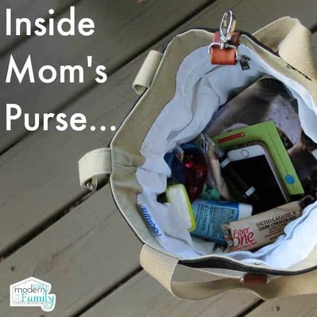 View of the inside of a purse with text above it.