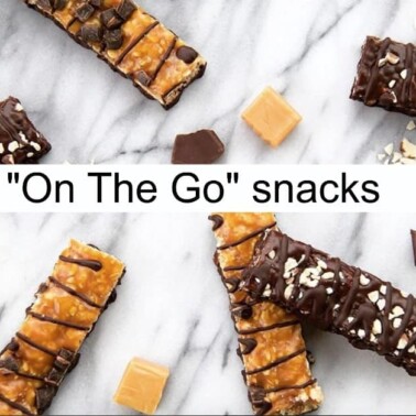 A variety of flavors of granola bars with a text in the middle.