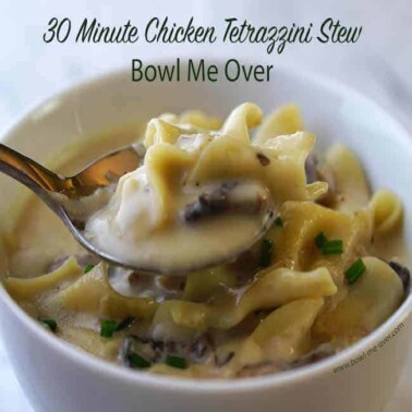 A bowl of Chicken Tetrazzini Stew in a white bowl with a spoonful of stew and a text above it.