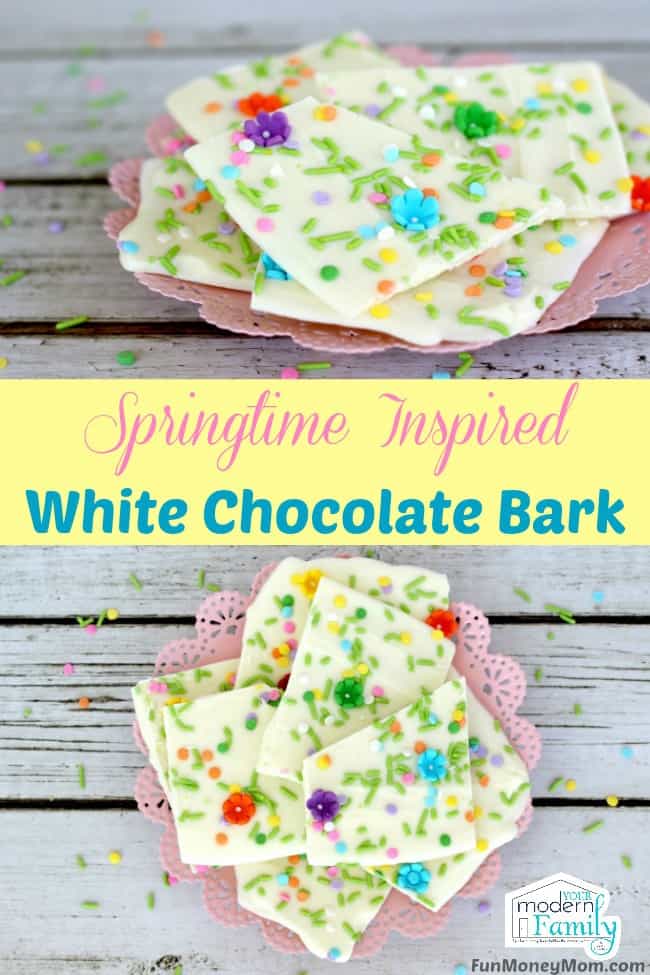 Two pictures of White Chocolate bark candy  with text between them.