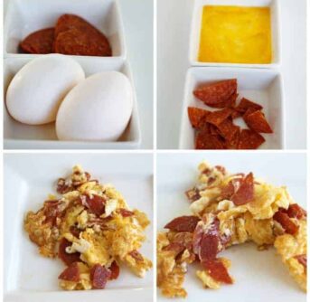 Pictures of raw and cooked pepperoni and eggs.